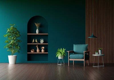 Armchair in green living room with copy space for mock up, 3D rendering
